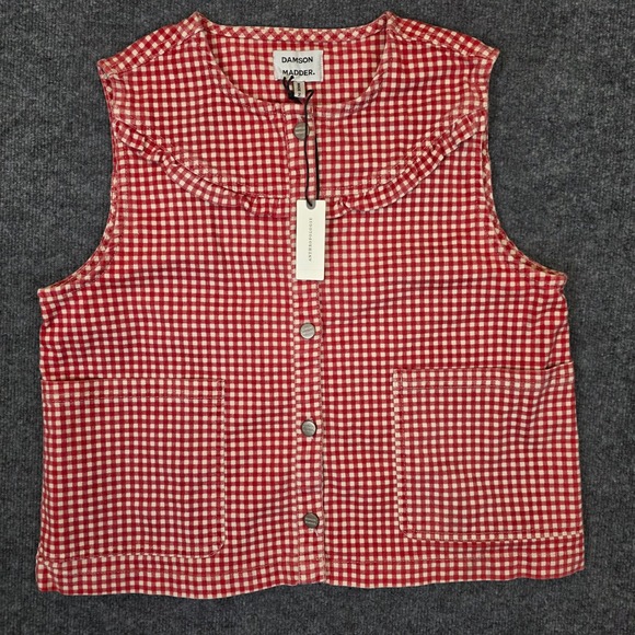 Damson Madder Jackets & Blazers - Damson Madder Mari Gilet 14 Red Gingham Ruffle Organic Cotton Button Front NWT